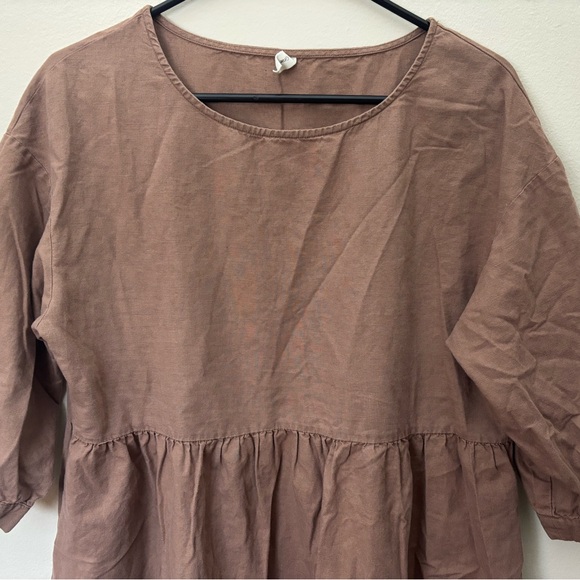Grae Cove brown linen cotton midi A-line dress 3/4 sleeve round neck pockets L - Picture 2 of 6